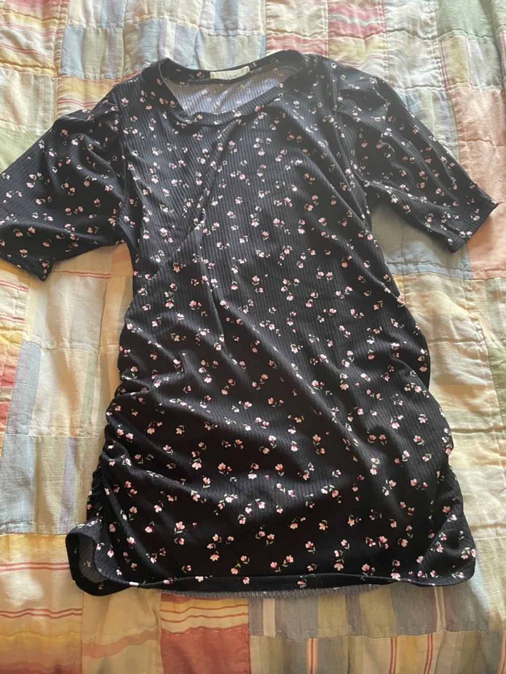 Hello MIZ Black Floral Ribbed Top with Pink Accents